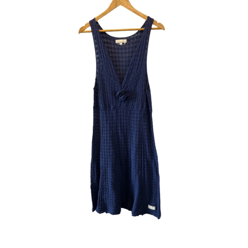 Navy Blue Crochet Knit V Neck Midi Dress Swim Coverup 3